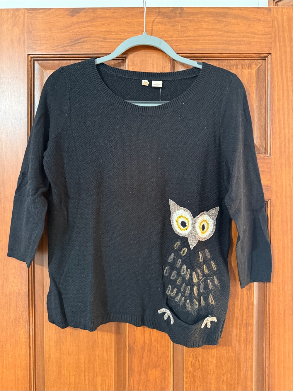 Moth Black Scoop Neck Sweater with Embroidered Owl
